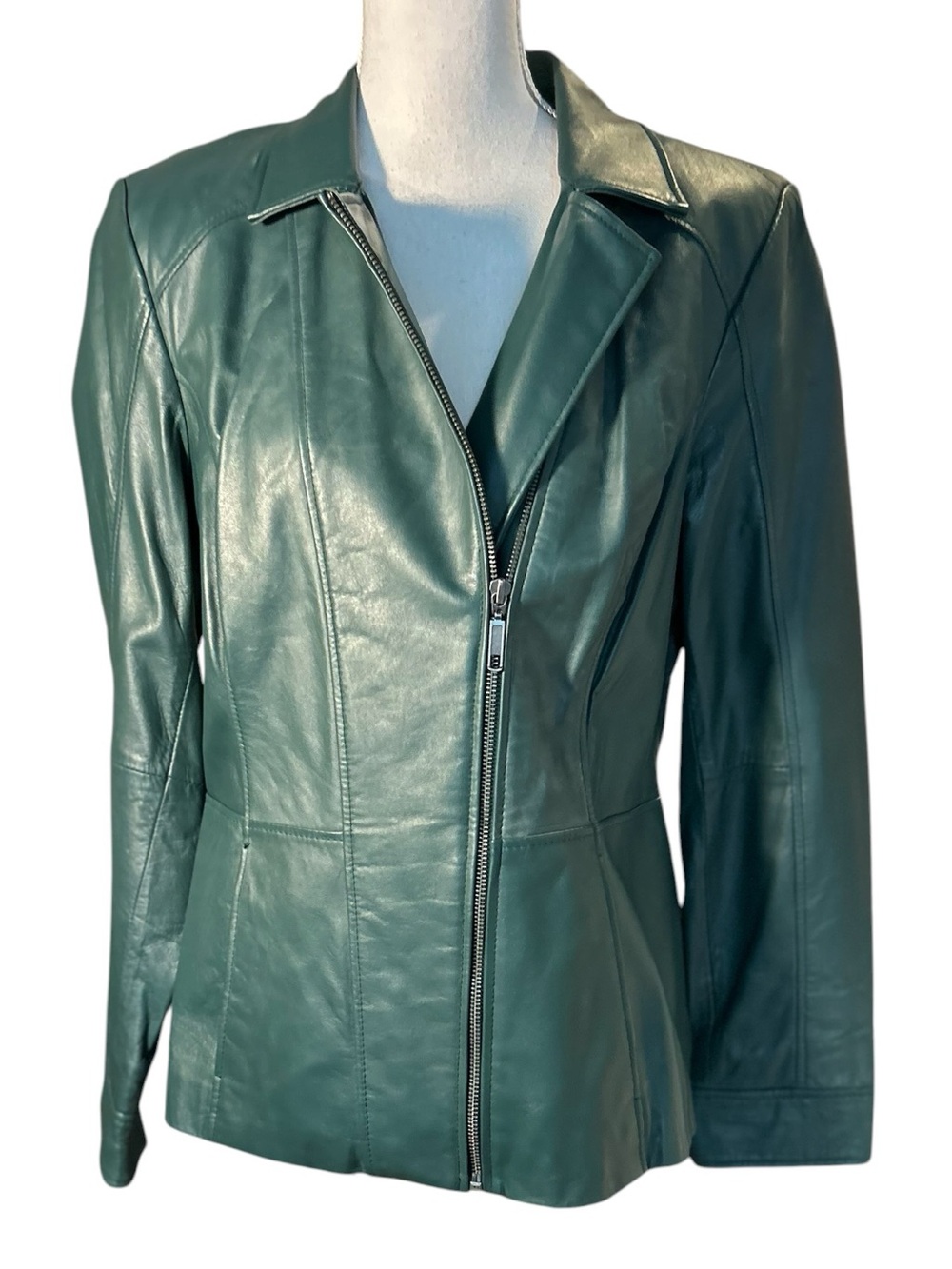 Women's Teal Leather Zip-Front Jacket - Sleek Fitted Style